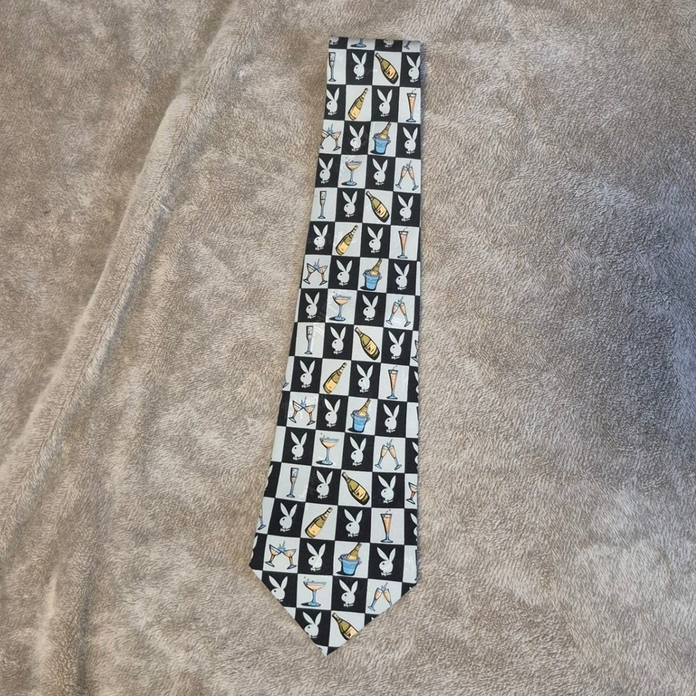 Nicole Miller 1999 Playboy Bunny Silk Tie Mens Black White Champagne Vintage